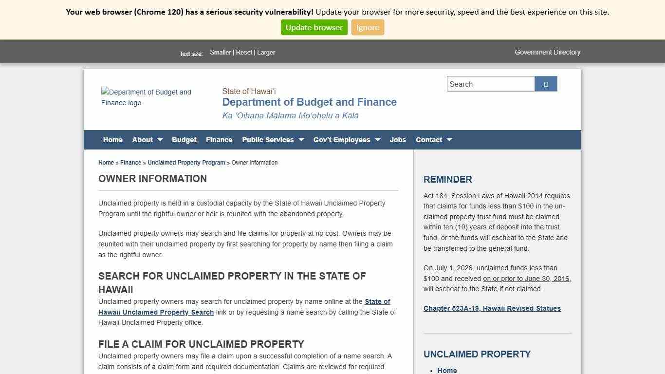 Department of Budget and Finance Owner Information