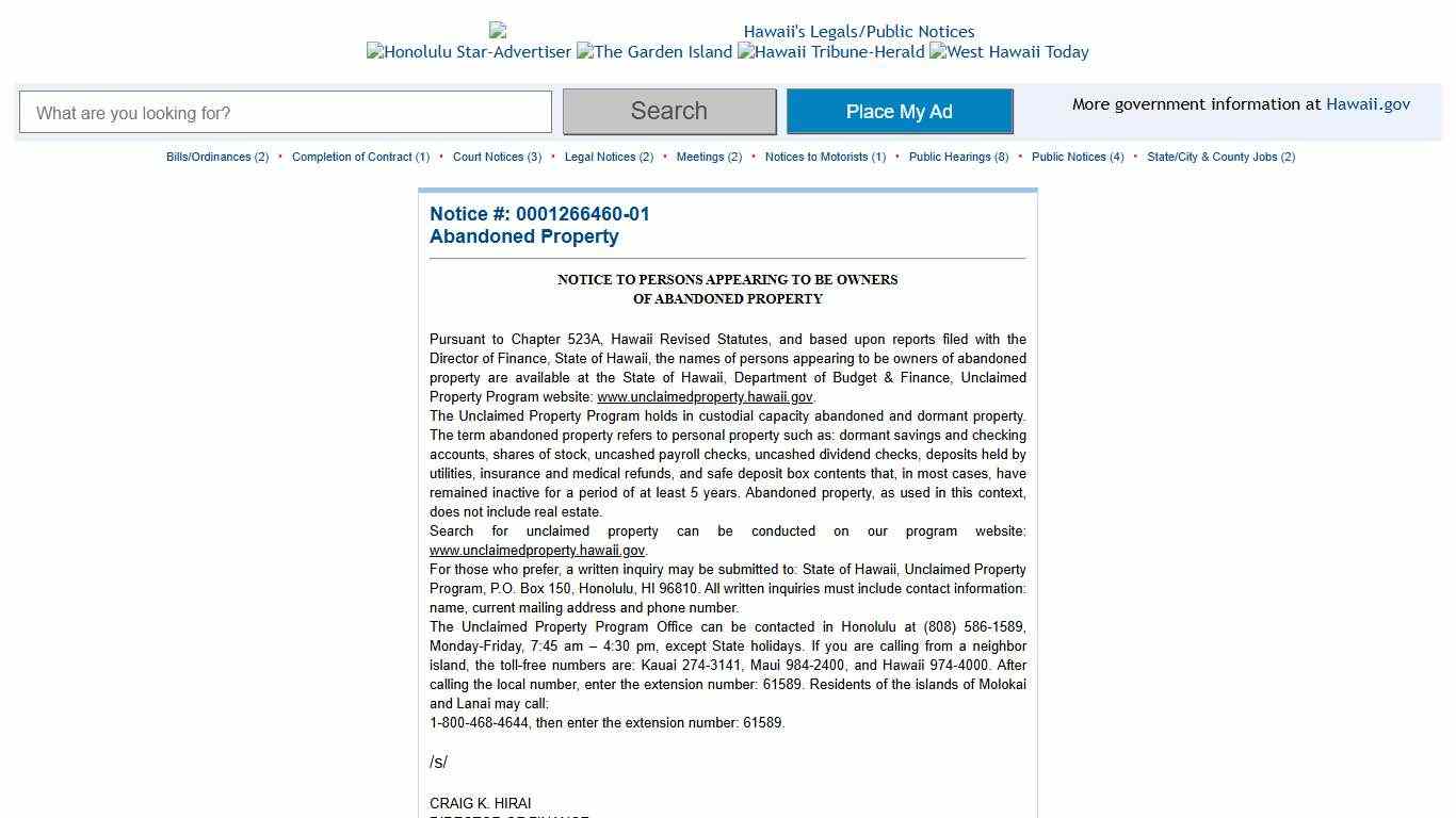 Hawaii's State Legals & Public Notices 0001266460-01 Hawaii's State Legals & Public Notices